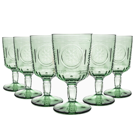 6x Wine Glasses Set Italian Red Wine Cut Glass Goblets Vintage Style Green 320ml