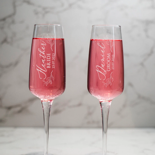 Personalised Botanical Bridal Party Wedding Glass Champagne Prosecco Flute