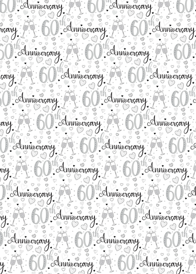 2 Sheets 60Th Wedding Anniversary Unisex Wrapping Paper Champagne Glass Design Giftwrap Male & Female Diamond | Pa