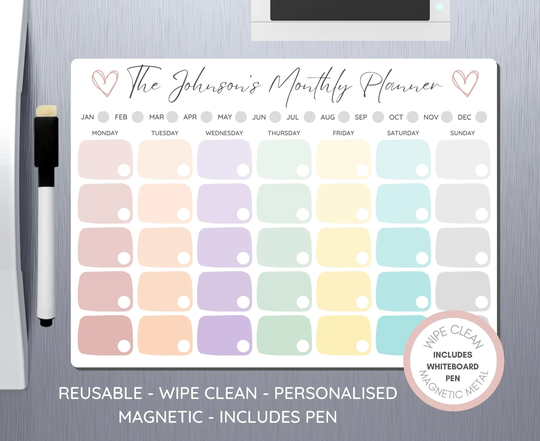 Custom Personalised Name Metal Fridge Monthly Planner Calendar - Wipe Clean Whiteboard Includes Magnetic Pen Modern Design Monday Start