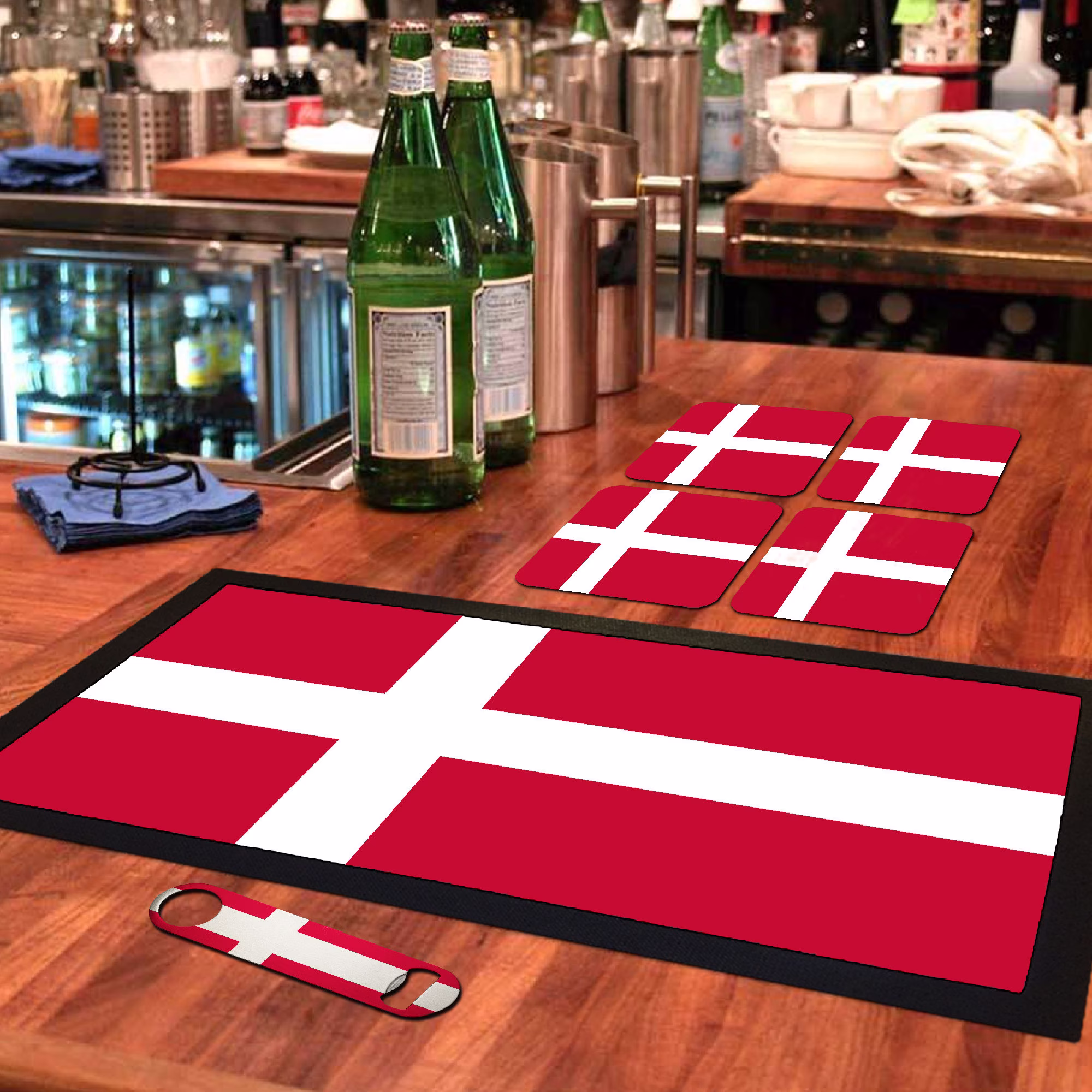 Denmark Flag Bar Runner Mat, Matching Bottle Opener & 4 X Drinks Coasters Danish Gift Set For Home Bars Man Cave Football Fans