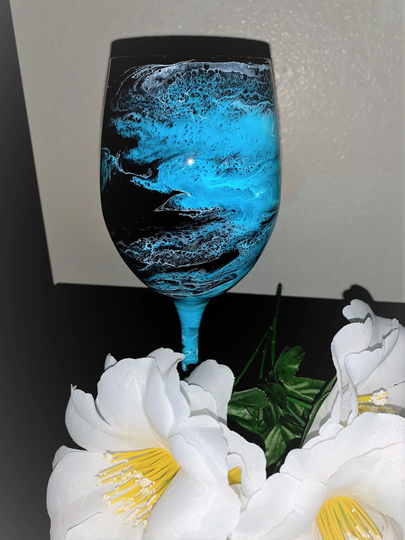 Teal Marble Wine Glass/Black & Wine Glass/Teal Glass/One Of A Kind Glass