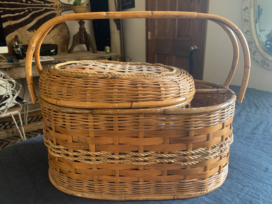 Mid Century French Picnic Basket Bamboo Wicker Rattan & Rope - Large Compartments For Food Cheese Wine Glasses Bottles