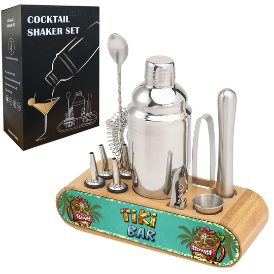 Cocktail Making Kit Set -Cocktail Shaker 11 Pcs - Bartender Bar Tool With Personalised Display Stand -Tiki Theme With Menu Ideas