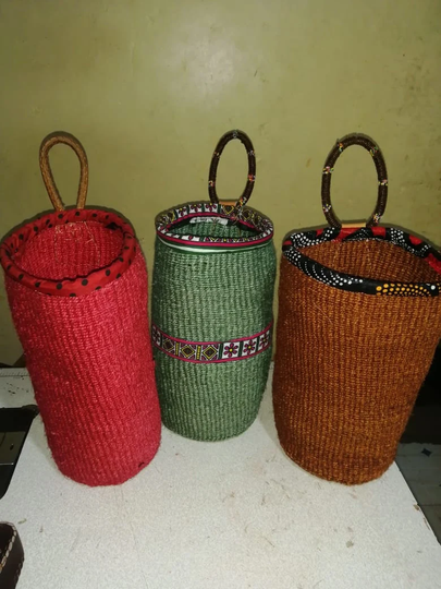 Sisal Basket, Kiondo Handbag , Wine Bottle Bag , Multicolor Sleeve With Leather Handles , Handbag, Kiondo, Top Handle