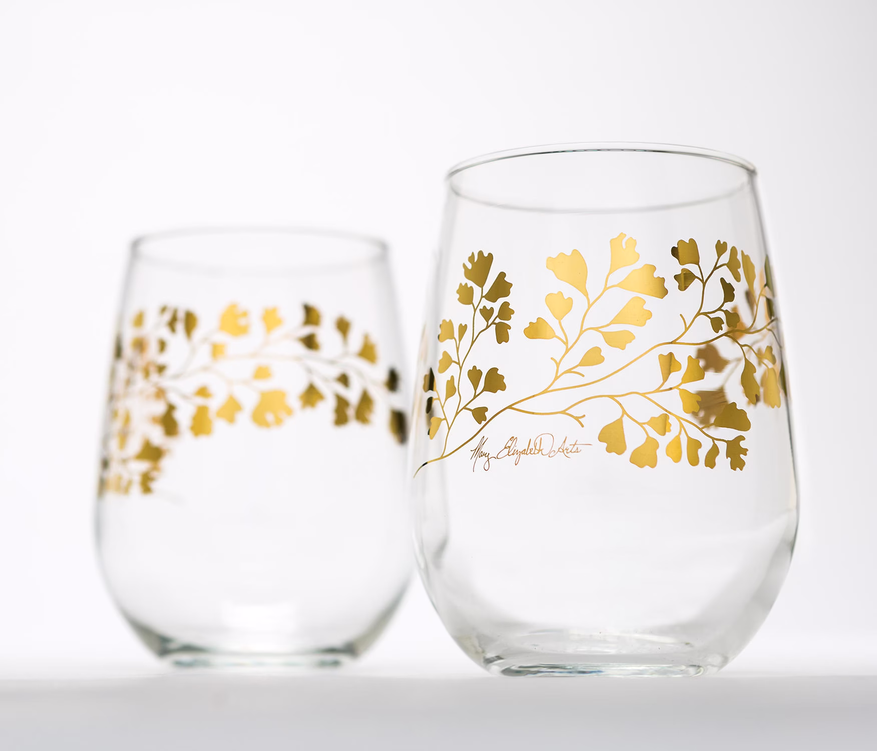 Golden Maidenhair Fern Glassware - Gold Botanical Stemless Wine Glasses