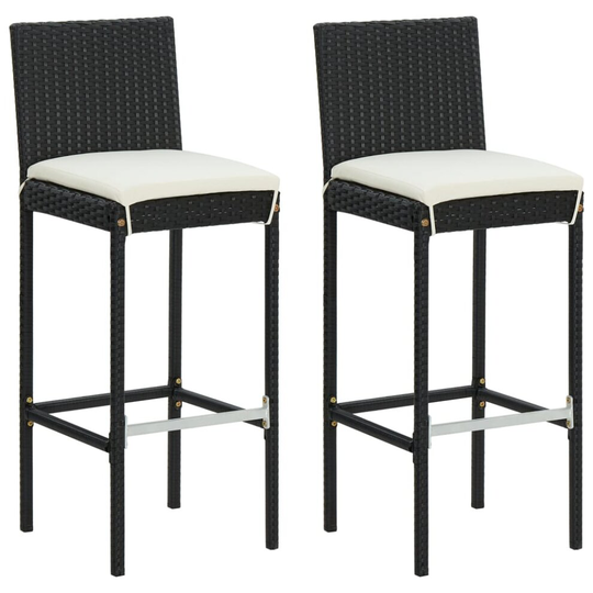 vidaXL 2x Garden Bar Stools with Cushions Black Poly Rattan Patio Lounge Seat