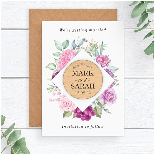 Vintage Boho Floral Save The Date Magnet - Personalised Pink Wedding Rustic Fridge Unique Spring Summer