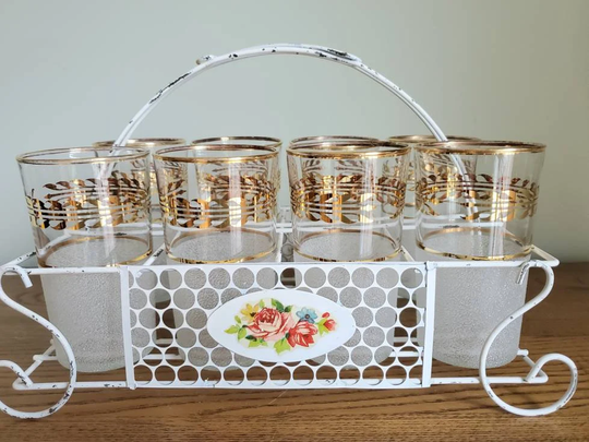 Set Of 8 Vintage Frosted Gold Laurel Leaf Highball Cocktail Glasses With White Floral Carrier Caddy