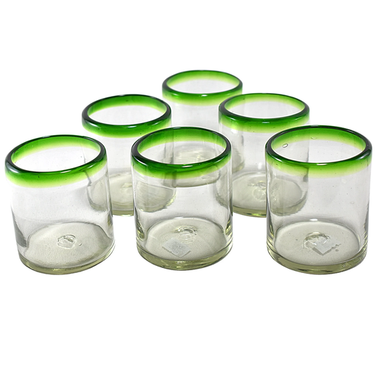 Marey Mexican Drinking Glasses | Artisan Crafted Blown Glass Set Of 6 Pieces 100% Recycled | Green Rim, Old Fashioned 10 Oz