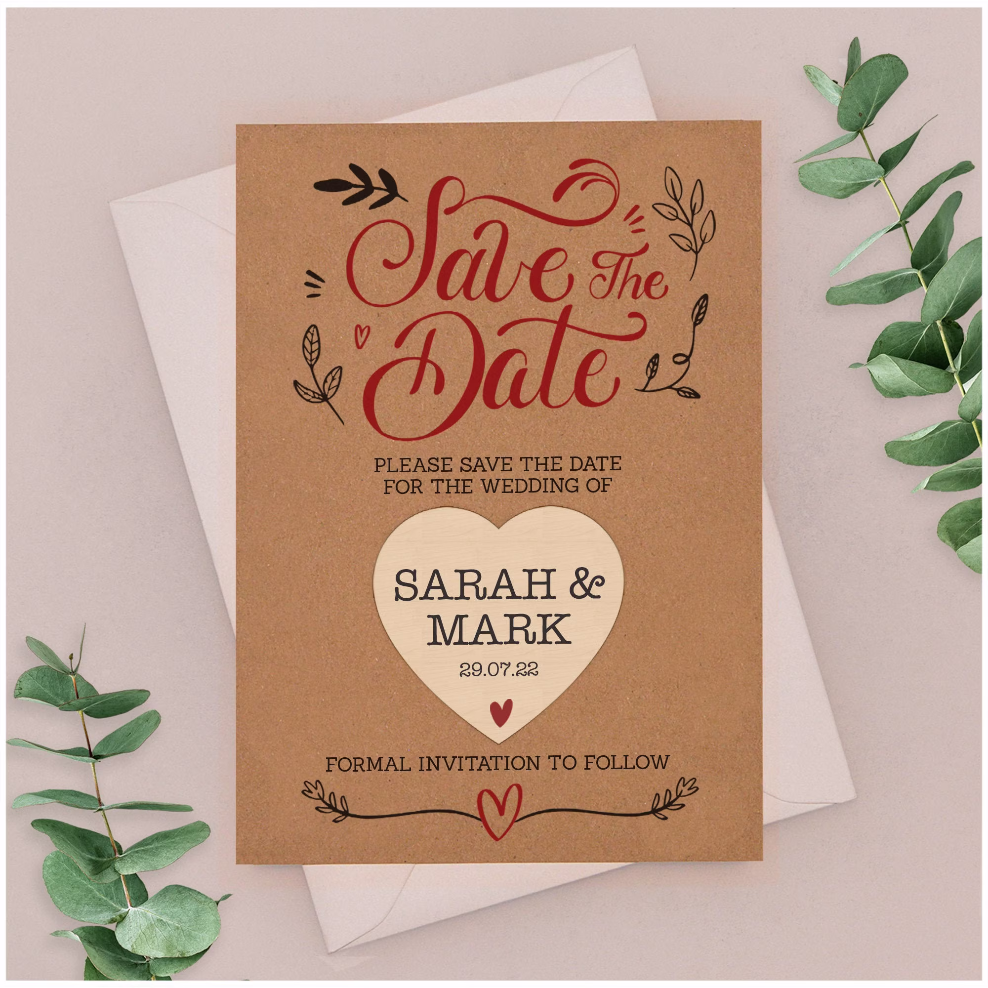 Calligraphy Wedding Save The Dates - Personalised Date Wooden Heart Fridge Magnets Modern Typography Kraft Card