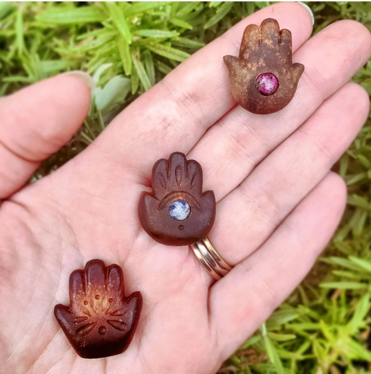 Hamsa Hand Of Protection, Khamsa, Protection Against Evil Eye, Goodluck Charm, Carved Avocado Pit Seed Engraved Natural Gemstone Magnet