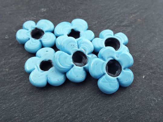 6 Sky Blue Glass Flower Beads, Large Chunky Artisan Handmade Translucent Blue, 20mm