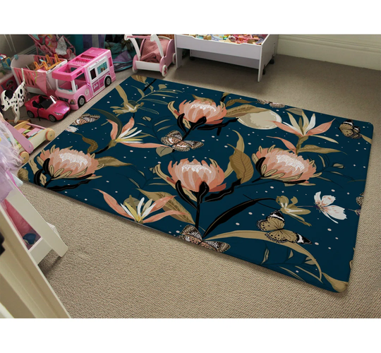 Ray The Moon, Butterflies and Flowers Shaggy Blue/Orange Rug