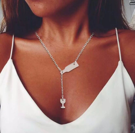 Wine Gifts -Lariat Necklace - Glass Jewelry-Silver -Secret Santa -Silver Lariat