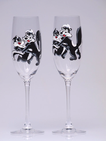 Hand Painted Wedding Toasting Flutes Set Of 2 Personalized Champagne Glasses Theme Pepe Le Pew Black & White
