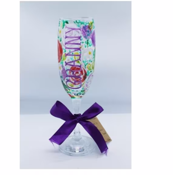 Personalised | Any Name Champagne Flute. Hand Painted With Roses & Floral Flowers
