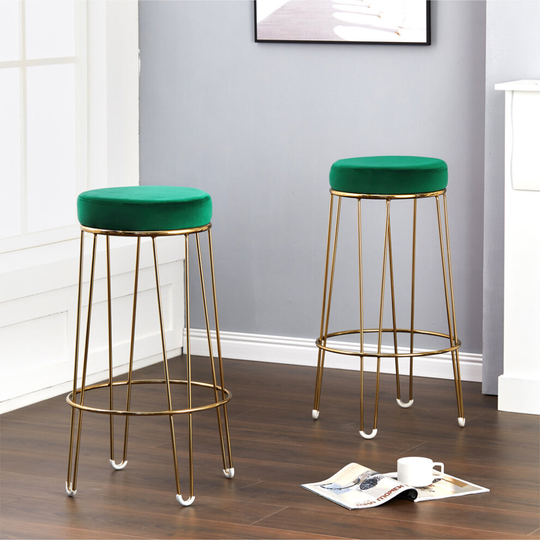 (Green) 2Pcs Round Barstools Kitchen Breakfast Dining Bar Stools with Gilded Wire Leg