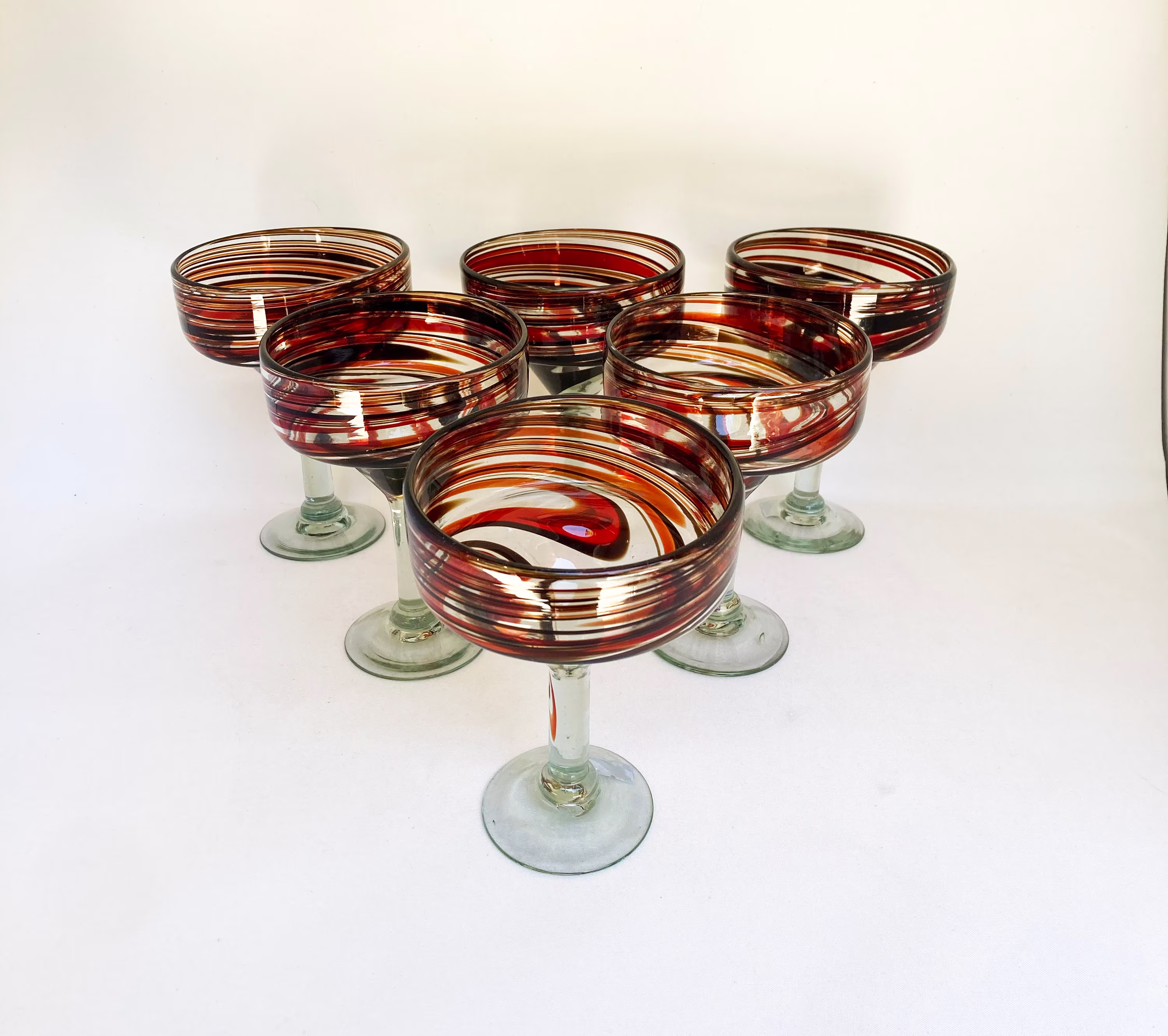 6 Hand Blown Margarita Glasses - Red/Chocolate Swirl