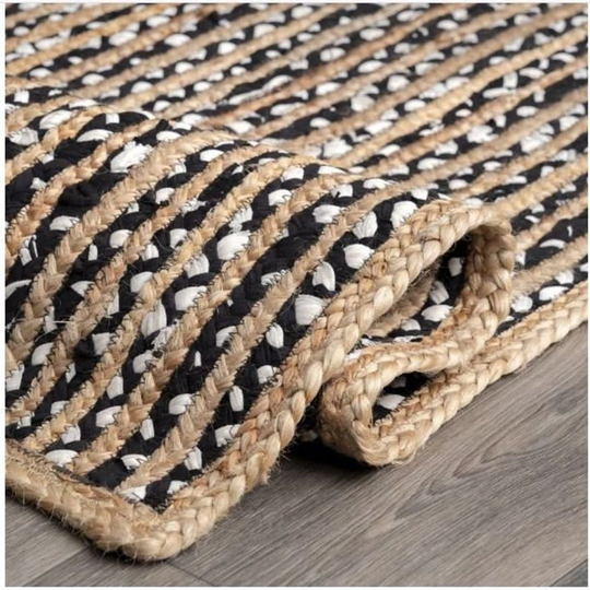Natural Handwoven Jute Area Rug Large Boho Eco Friendly Turkish Solid Custom Size Yoga Beautiful Rag & Black Dotted