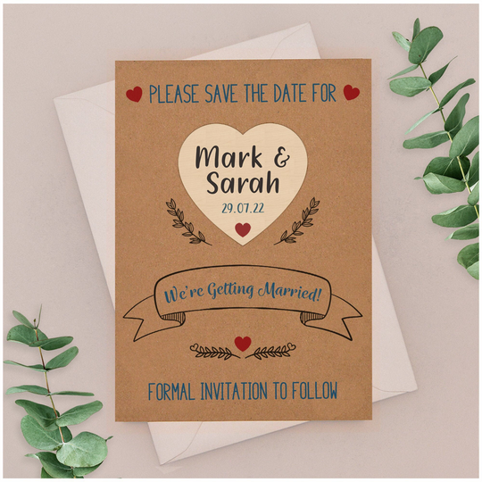 Wedding Save The Date Cards - Personalised Kraft Card Wooden Heart Fridge Magnet Spring Summer Autumn Stationary