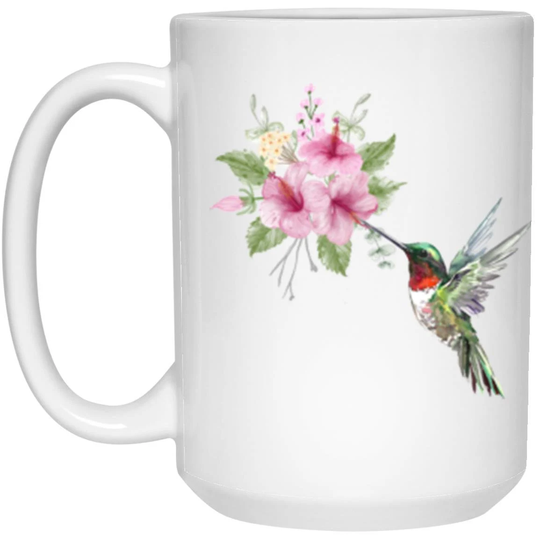 Handmade Hummingbird & Hibiscus Watercolor 15 Oz. White Mug Made in The Usa Great Gift