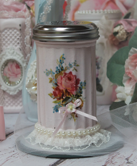 Shabby Chic Vintage French Style Kitchen Sugar Parmesan Cheese Cinnamon Shaker Painted Blush Pink Lace