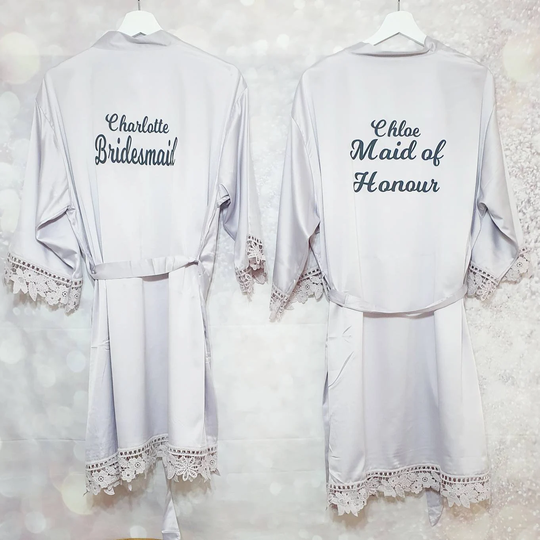 Bridal Party Gift Set. Personalised Robe, A Clothing Hanger, Pair Of Slippers, Wine Glass & Bag. Adult Sizes 8-16 18-22