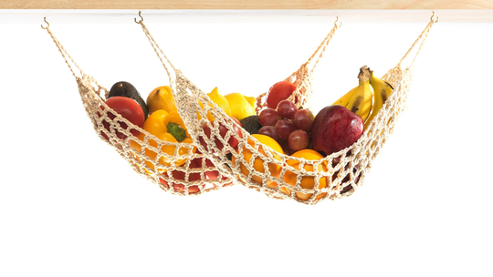 2-Pack Hanging Fruit Hammock Under Cabinet - 2 Unravel Proof Cotton Banana Or Vegetable Hammocks That Save Counter Space in Kitchen