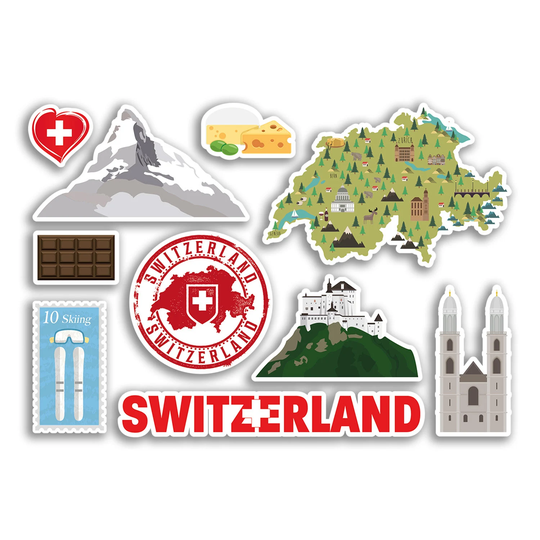 A5 Sticker Sheet Switzerland Landmarks Vinyl Stickers - Swiss Map Airport Stamps Skyline Flag Travel Holiday Culture City Aesthetic #78473