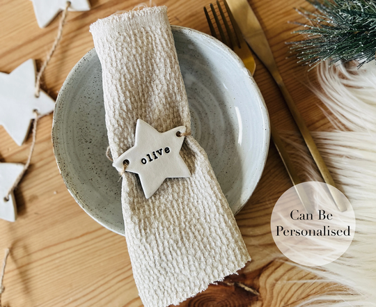 Personalised Christmas Napkin Tie - Ring Clay Place Names Table Decorations Party Gift Name Keepsake