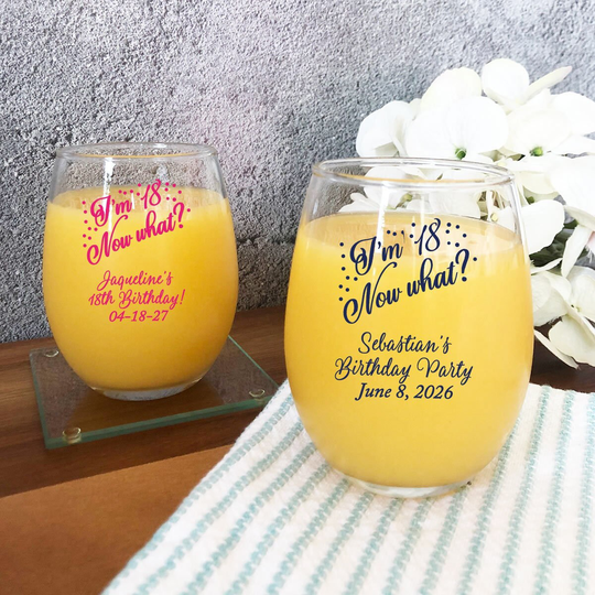 Set Of 24 | I'm 18 Now What Custom Stemless 9 Ounce Glass Wine 18Th Birthday Party Favors Dm61 Eighteenth