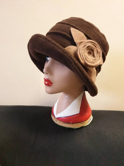 Chocolate Brown Fleece Cloche Hat With Camel Flower-Fleece Lining-Downton Abbey Hat-Womens Hat-Ladies Winter Hat-Brown Polar