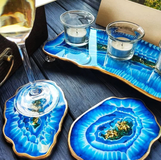Resin Decorative Tray, Serving Tray, Epoxy Charcuterie Board, Set Of 2, 4 Or 6 Coasters, Agate Coasters For Drinks, Crystal Geode