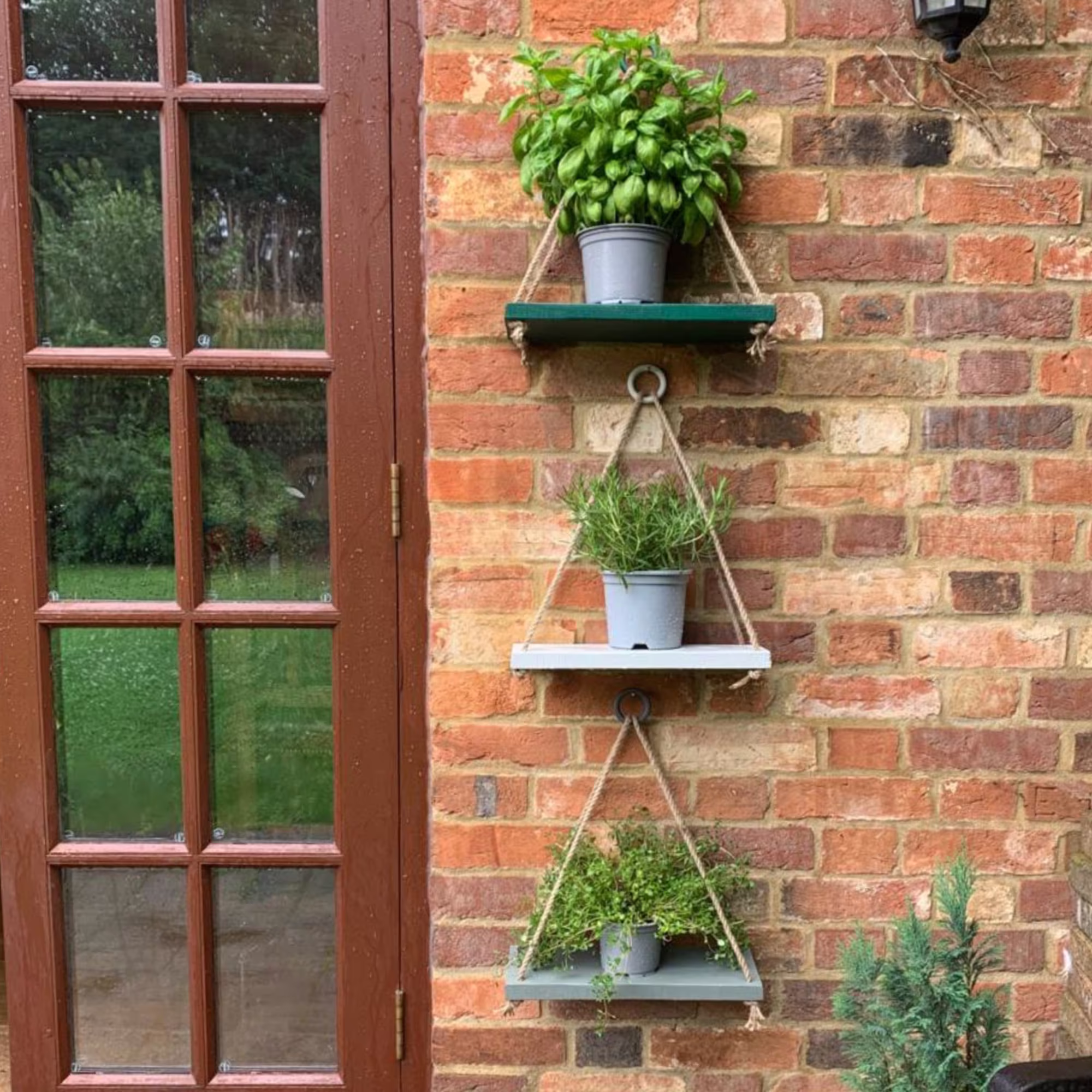 Rustic Painted Hanging Rope Wooden Shelves For The Garden Patio Kitchen Bathroom. Perfect Herbs Plants Flowers Trinkets Bubble Bath