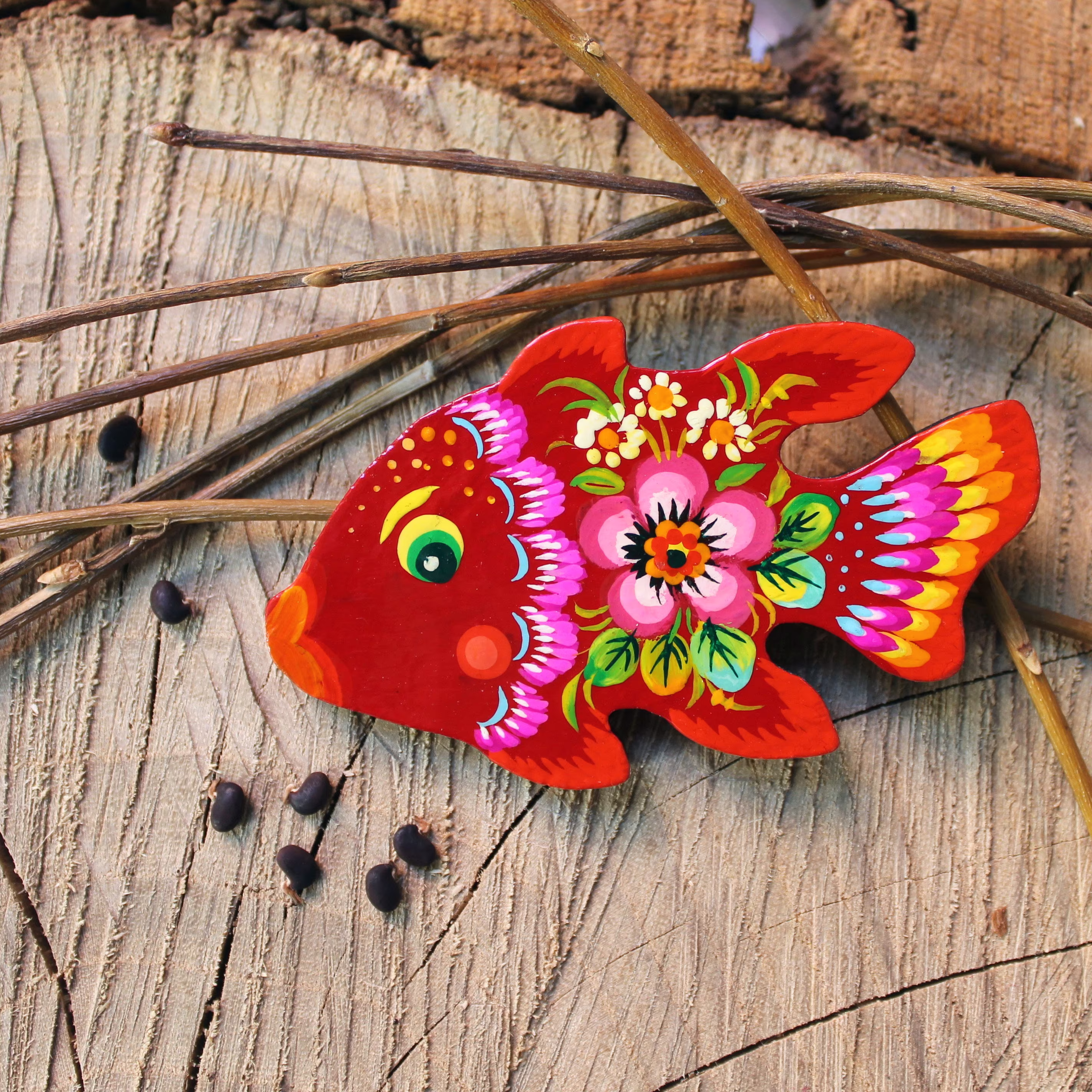 Fish Lover Fridge Magnets - Animal Wooden Figures Pretty Fisches -Small Gifts Idea With Ukrainian Petrykivka Painting