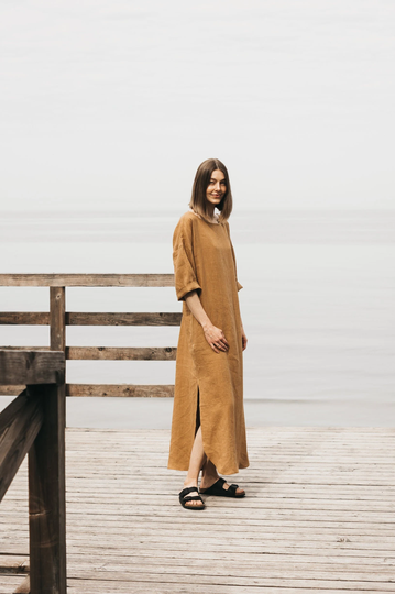 Loose Linen Dress Dune in Cinnamon/Long Dress/Maxi Linen Dress/Long Sleeve Dress/Oversized Cinnamon/Free Shipping