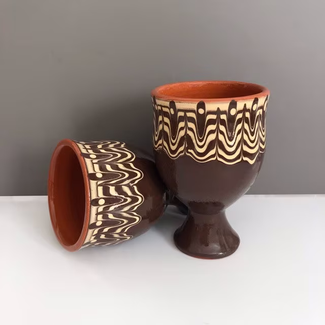 Pair Of Ceramic Wine Goblets in Coffee Colour| Stoneware Glasses| Dark Brown Cups