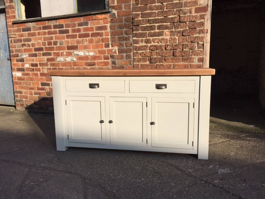 Light Grey Reclaimed Wood Shaker Style Sideboard. Drawer Over Cupboard Side Unit Thick Top