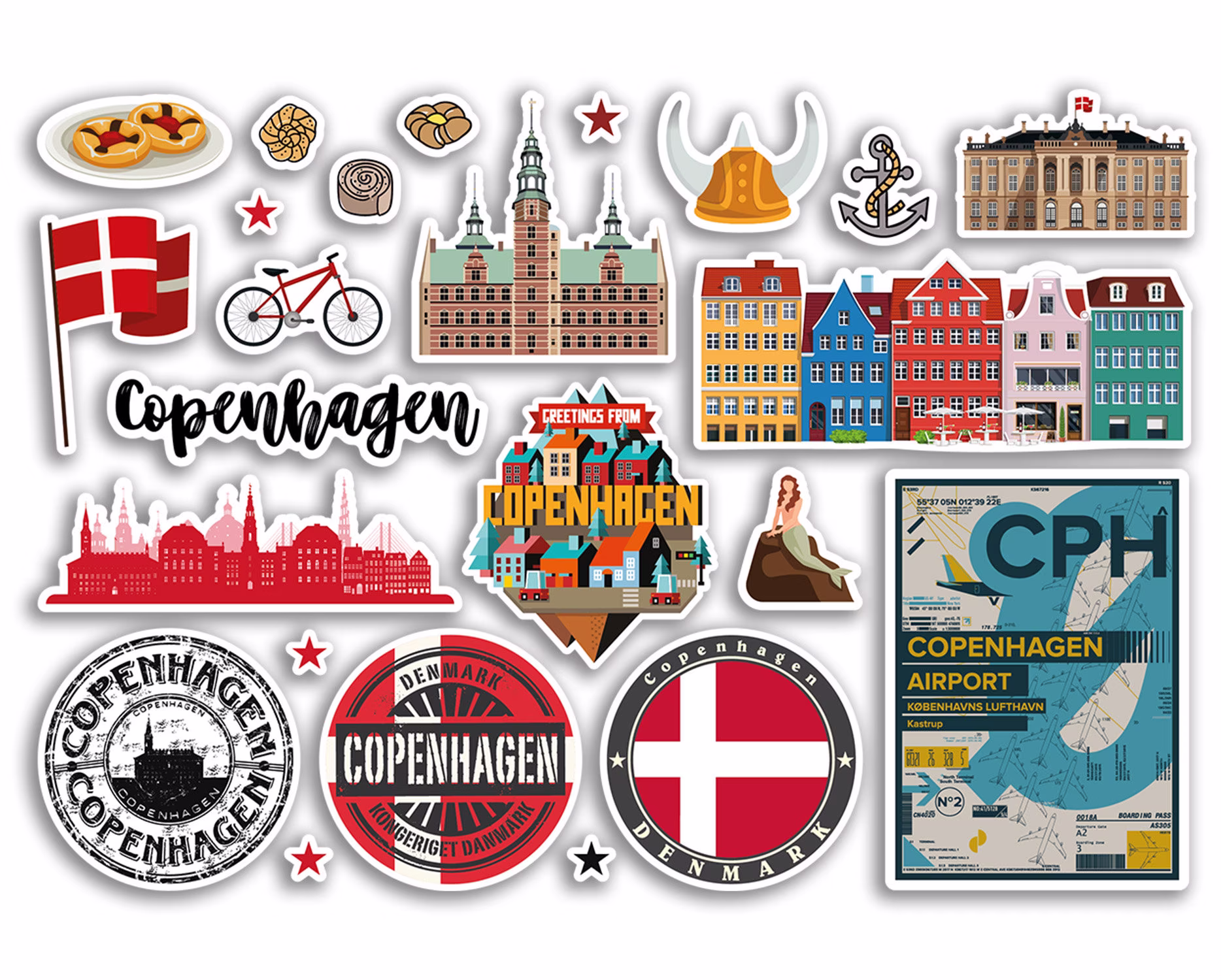 A5 Sticker Sheet Copenhagen Landmarks Vinyl Stickers - Denmark Beach Airport Stamps Skyline Scrapbooking Travel Holiday City Luggage #79114