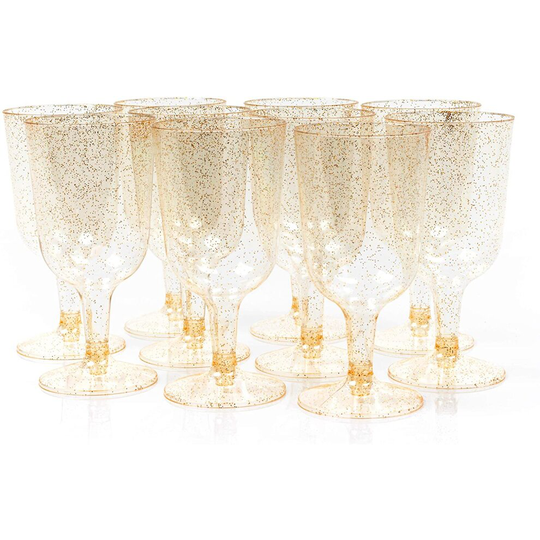 50 Premium Multi-Use Plastic Wine Glasses with Gold Glitter Gift Set for Wedding Anniversary Party - 170ml