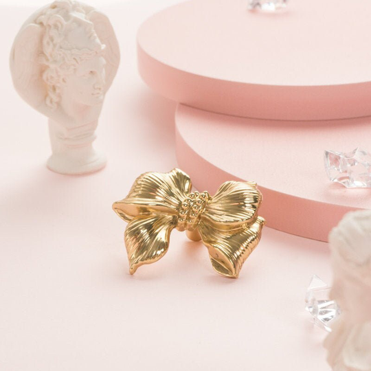 Brass Bowknot Knob Solid Metal Drawer Golden Wardrobe Door Pull Single Hole Side Cabinet Knob, Creative Furniture Hardware V634