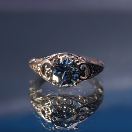 2.25 Carat Steel Gray Moissanite, in Edwardian Vintage Styled Embossed 925 Silver