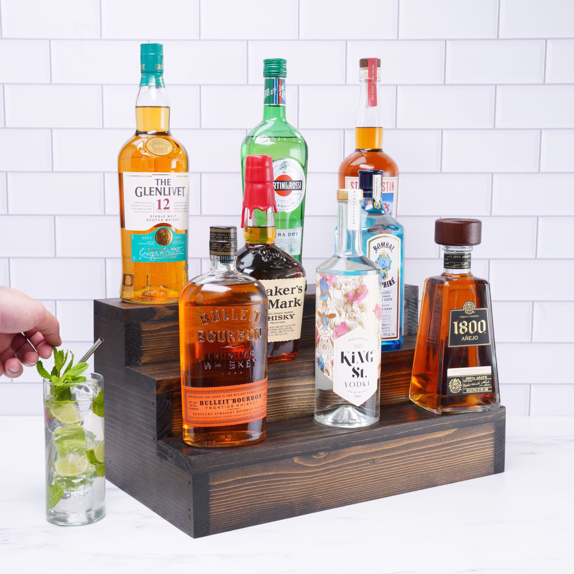 Liquor Bottle Display Shelf - Tiered Shelving Customizable Length 2 & 3 Wood Organizer For Home Bar