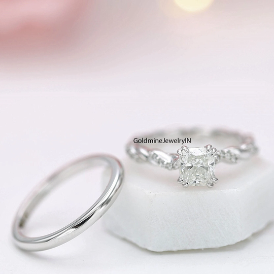 Cushion Cut Engagement Ring With Swirl Band in 14K White Gold, Bridal Set, , Moissanite Set