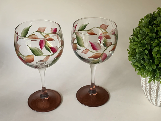 Painted Wine Glasses With Fall Copper Brown Green Leaves, Red Glasses, Box Gift, Table Decor, Autumn Leaves Goblet