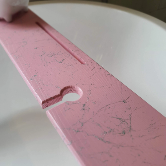 Abstract Marble Pink Wooden Bath Rack With Tablet Slot & Wine Glass Holder Tray Caddy