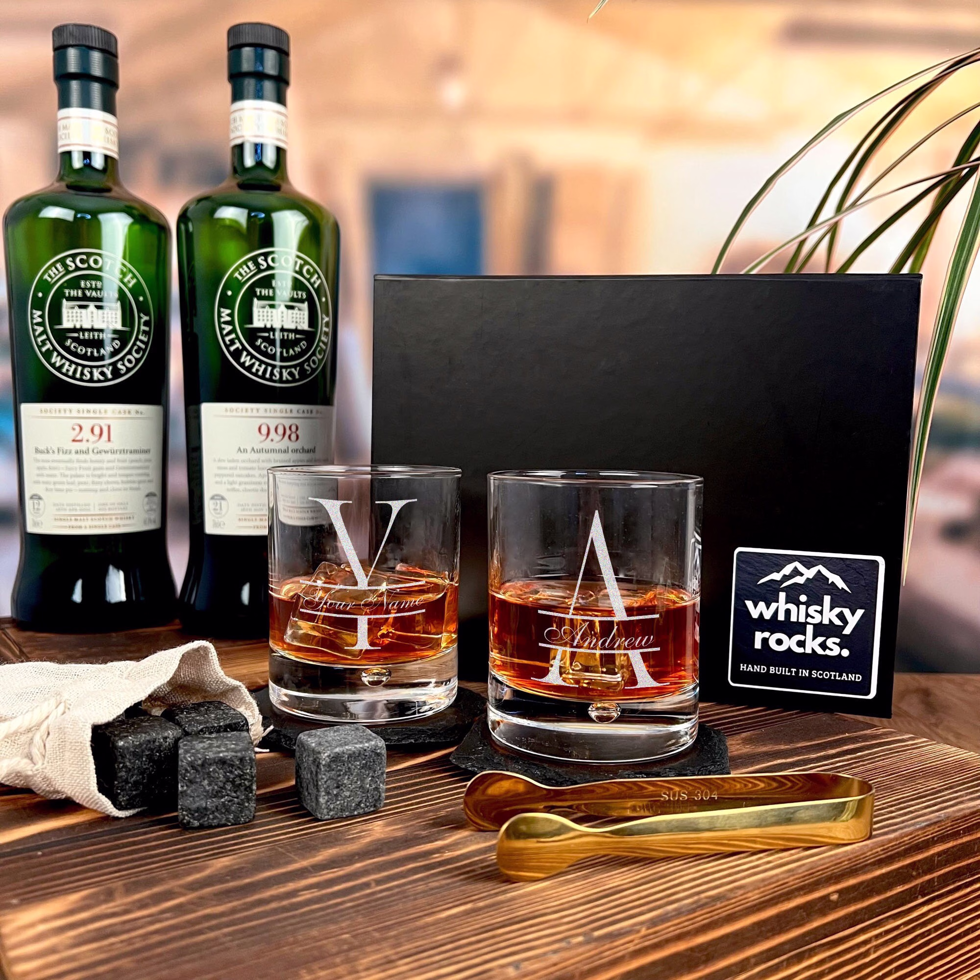 Whisky Rocks Personalised Monogram Glass with Stones & Tongs in Black Box | Scottish Unique Gift Idea For Men Father's Day