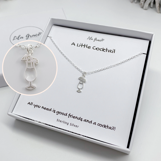 sterling Silver Cocktail Necklace Personalised Womens Girls Gift For Her - Dainty Cute Pretty Drinks Alcohol Friend Birthday Gifts