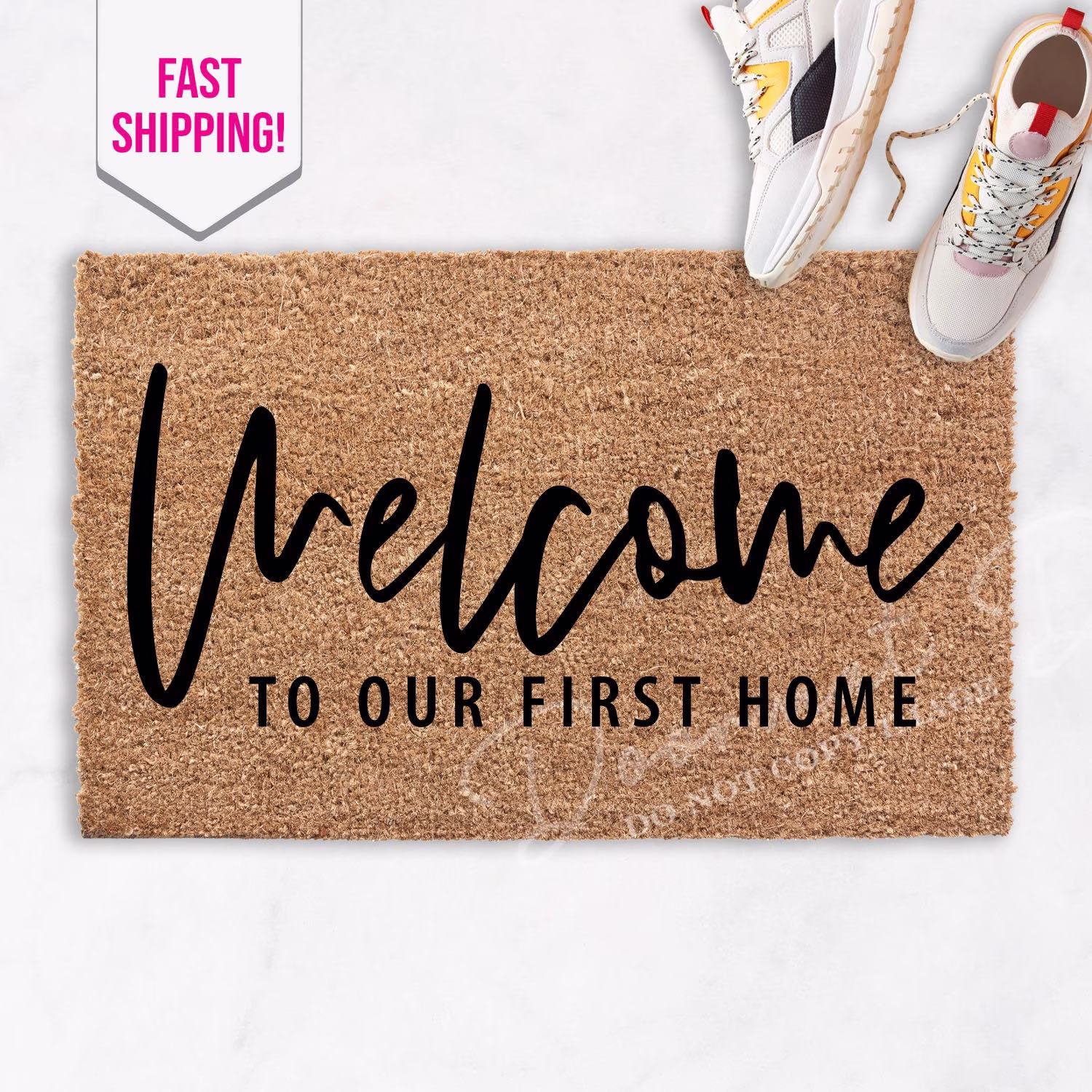 Welcome To Our First Home Doormat, Flocked Coir Outdoor Mat, Personalized Door Custom Housewarming
